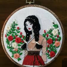Girl And Rose Garden Handmade Embroidery 8 Inc Modern Embroidery Gate Embroidery With Flowers Homedecor Wallart Landcapeembroidery In 2021 Modern Embroidery Embroidery Art Ribbon Embroidery Kit