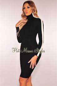 Black And White Striped Long Sleeve Turtleneck Black Ribbed Knit White Striped Turtleneck Sweater Dress Long Sleeve Turtleneck Dress Striped Turtleneck Black Long Sleeve Dress