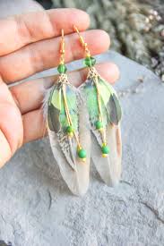 Bird With No Feathers Feather Earrings By Nastasy Eu Green And Brown Earrings In 2020 Feather Earrings Feather Jewelry Brown Earrings