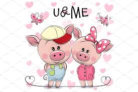 Two Pigs On A Hearts Background Pig Cartoon Pig Illustration Heart Background