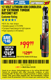Fichier pdf 534 kb, 14 pages. Earthquake Xt 12v Max Lithium 3 8 In Cordless Xtreme Torque Ratchet Wrench Kit For 99 99 Through 1 31 2020 Harbor Freight Coupons