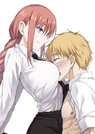 1boy 1girls big breasts blonde hair breasts chainsaw man denji (chainsaw  man) face between breasts face on breast fully clothed ijima yuu long hair  makima (chainsaw man) red hair