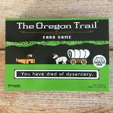 In this game, players work together to move along the trail, fording rivers and playing supply cards to overcome calamities. The Oregon Trail Card Game