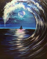 The Waves Are Rolling And The Moon Light Is Shining In Moonlit Wave Black Canvas Art Black Canvas Paintings Waterfall Paintings