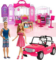 A latch and carrying handle means this getaway home is also the perfect play set to take on a getaway of your own! Bundle Includes 2 Items Barbie Glam Getaway House And Barbie Beach Cruiser And Ken Doll