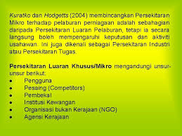 4 persekitaran perniagaan ialah keadaan, situasi atau suasana dalaman atau luaran organisasi yang 5 komponen persekitaran makro dan mikro persekitaran luaran makro (umum). Bab 5 Setiap Usahawan Dan Ahli Perniagaan Perlu