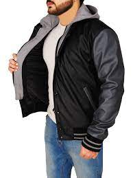 Men Fashion World Is Flooded With This Sleek Looking Black And Grey Varsity Hoodie Jacket It Is Leather Jacket Hoodie Varsity Hoodie Jacket Gray Hoodie Jacket