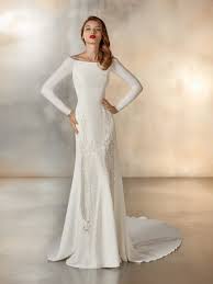 Long Sleeved Minimalist Crepe Dress With Original Beaded Panelling At Skirt And Sheer Beaded Lin Amazing Wedding Dress Pronovias Wedding Dress Bridal Dresses