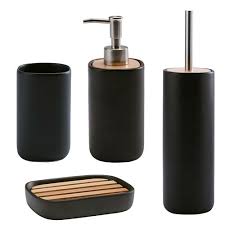 Accessoires De Salle De Bain 4 Modeles Ceramique Noire Et Bois Aquanova Decoclico Accessoires Salle De Bain Salle De Bain Deco Salle De Bain Bois