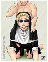 azasuke, eda (black lagoon), black lagoon, eyebrows, highres, 1boy, 1girl,  all fours, artist name, ball gag, bdsm, blonde hair, clothed female nude  male, clothed sex, cross, cross necklace, doggystyle, drooling, gag,  glasses,