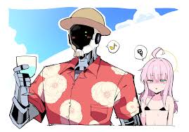 himiya jouzu, kaya (blue archive), blue archive, absurdres, highres, 1girl,  1other, ahoge, alternate hairstyle, bikini, black bikini, cup, flat chest,  green eyes, halo, hawaiian shirt, holding, holding cup, micro bikini,  musical note,