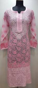 Lucknowi Chikan Kurti Pink Faux Georgette Kurti Neck Designs Clothes For Women Salwar Neck Patterns