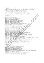 A collection of trivia questions about jazz music. Trivia Questions Esl Worksheet By Wibs01