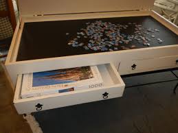 Bits And Pieces Puzzle Board With Drawers This Table Was Upcycled With A Leather Like Lining Great For The Puzzle Fanatic Close The Top And It Is Back To Being Puzzle Table Diy Table Top Diy Table