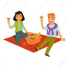 Husband And Wife Drink Beverage And Sit On Red Blanket With Basket Full Of  Fresh Bread, Ripe Vegetables And Sweet Soda Isolated Vector Illustration On  White Background. Married Couple Out On Picnic.
