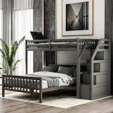 Euroco Wood Stairway Twin Loft Bed With Full Platform Bed With 3 Storage Drawers In The Steps Walmart Com Walmart Com