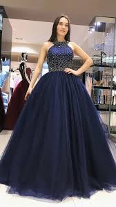Elegant Dark Blue Beaded Tulle Prom Dress Backless Evening Dress With Images Dark Blue Prom Dresses Backless Evening Dress Prom Dresses Blue