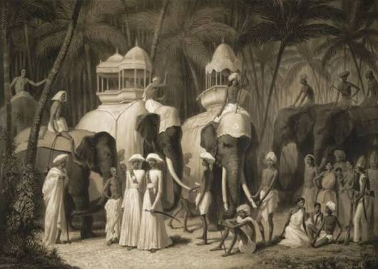 RBSI - Éléphants du Radja de Travancor, Trivandrum - May 1841 Lithograph of the Raja of Tranvancore's elephants at Trivandrum in Kerala by L.H. de Rudder (1807-1881) after an original drawing of May 1841