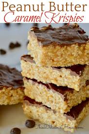 Caramel Peanut Butter Krispies No Marshmallows In 2020 Rice Krispies Peanut Butter Rice Krispie Treats Baked Dessert Recipes