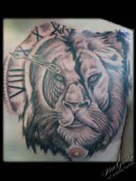 Lion Clock Black Grey Chest Tattoo By Nina Gaudin Of 12th Avenue Tattoo In Nampa Id Black And Grey Tattoos Tattoos Animal Tattoos