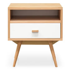 A white bedside table with a drawer and shelf with antique brass handles for a typical new england bedroom look £105. Nichola Wooden Bedside Table Natural White Interior Secrets