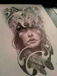 Indian Woman Face With Wolf Tattoo Design Native American Tattoos Headdress Tattoo Wolf Tattoos