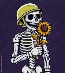 Illustration of dead skeleton soldier wearing a green army helmet holding  and sniffing a sunflower in the afterlife Stock Illustration | Adobe Stock