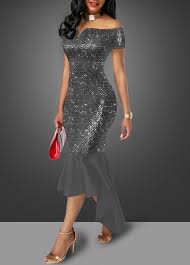 Sequin Embellished Off The Shoulder Dark Grey Sheath Dress Dress Dresses Fashion Grey Sheath Dress Shop Casual Dresses Women S Fashion Dresses