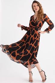 268001 V Yaka Dama Desenli Uzun Sifon Elbise Sifon Elbise Elbise Elbise Modelleri