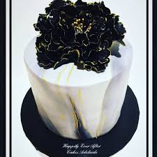 Black And Gold Marble Cake Black White Marble Fondant Design With Glossy Peony Topper And Gold Details Black Peony Black And White Marble Fondant