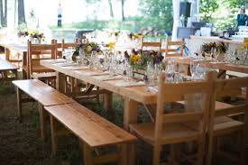 Outdoor Wedding With Wood Table Rentals From Seattle Farm Tables Photo By One Love Photography Cedar Tab Cedar Table Ladder Back Chairs Rustic Dining Table