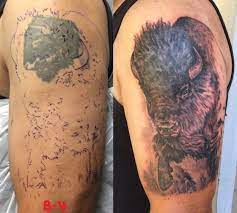 American Buffalo Bison Tattoo Coverup Black And Grey Before And After Tattoos Wildlife Tattoo Bison Tattoo