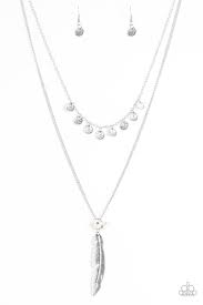 Paparazzi Mojave Musical White Stone Silver Feather Pendant Necklace Earring Set In 2021 Feather Pendant Necklace Silver Feather Feather Pendant