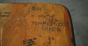 Graffiti Scratched Into School Desk Top By Margaret Vincent Old Teacher School Desks School