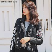 Zurichouse Punk Faux Leather Jacket Women Spring 2020 Streetwear Hip Hop Graffiti Print Motorcycle Biker Jacket Female Leather Jackets Aliexpress