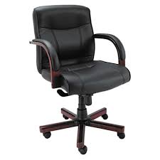 Alera Alema42ls10m Madaris Mid Back Black Leather Office Chair With Fixed Arms And Mahogany Wood Swivel Base