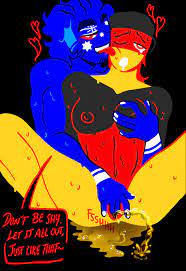1boy 1cuntboy australia (countryhumans) black background blue  body blue skin countryhumans cuntboy duo english text germany (countryhumans)  heart intersex kingofkinks male medium hair multicolored body multicolored  skin national personification