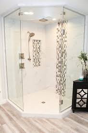 White Tiled Shower With Beige And Brown Mosaic Accent Niche And Strip Shower Tile White Tile Shower Master Bathroom Shower