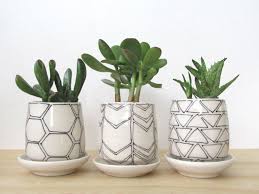 Set Of Three Small Black And White Geometric Planters Modern Handmade Porcelain Planters Drainage Holes And Dishes Made Pottery Geometric Planter Planters