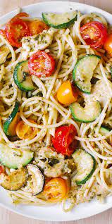 Parmesan Zucchini Tomato Chicken Spaghetti Toss With Basil Pesto Chicken Zucchini Recipes Zucchini Pasta Recipes Pasta With Zucchini And Tomatoes