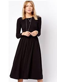 Black Plain Pleated Below Knee Cotton Blend Dress Long Sleeve Midi Dress Cotton Blends Dress Long Sleeve Dress
