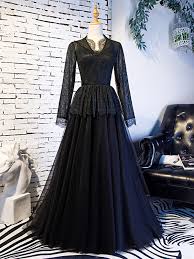 Eine zusammenfassung der qualitativsten gothic hochzeitskleider. Gothic A Linie Abendkleid Brautkleid Langarm Schwarz Tull Spitze Schosschen Mit Armel