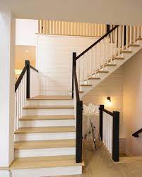 This Staircase Features A Square Profile Throughout Stained Oak Treads To Match The Flooring Custom White Skir Stairs Stair Railing Design White Stair Risers