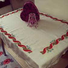 keten uzerine kanavice isleme masa ortusu kanavice