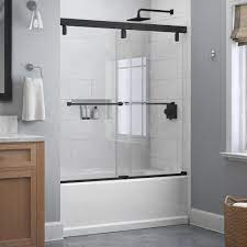 Delta Everly 60 In X 59 1 4 In Mod Semi Frameless Sliding Bathtub Door In Matte Black And 1 4 In 6mm Clear Glass Sd4511087 The Home Depot Bathtub Doors Tub Doors Bathtub Shower Doors