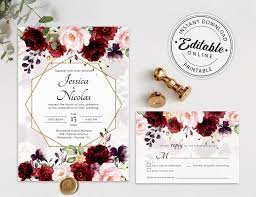 Burgundy Wedding Invitation Template Suite Floral Marsala Etsy Wedding Invitation Templates Burgundy Wedding Invitations Wedding Invitation Sets