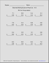 Like multiple digit multiplication, but with an irritating little dot bouncing around to keep you on your toes. Multiplying Decimals Multiplication Practice Decimal Math Practice Free Math Worksheets Abcteach
