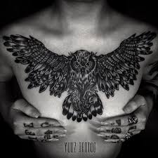 Black And White Owl Chest Tattoo Elegant Black Work Tattoos By Yuuz Tattoos Owl Tattoo Chest Chest Piece Tattoos