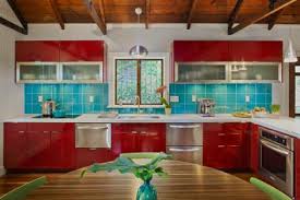 Sale turquoise rooster metal wall decor 4 stars (5) was: Kitchen With Red Cabinets And Turquoise Tile Backsplash Hgtv