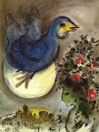 Small thrush with brilliant blue back, head, and wings. The Blue Bird 1968 Marc Chagall Wikiart Org